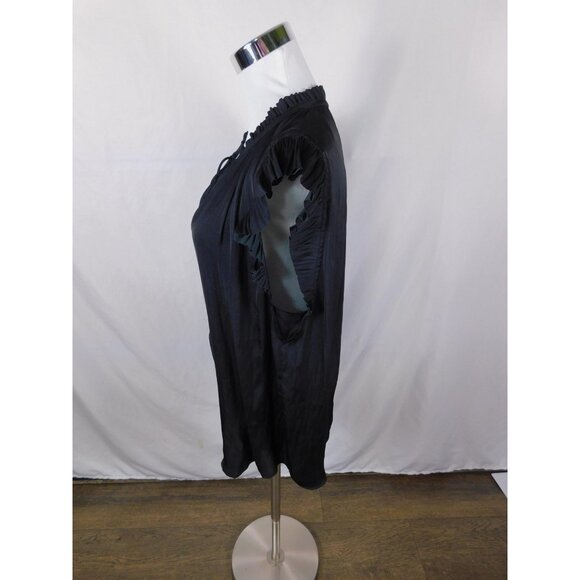 Current Air Blouse Womens XL Black Ruffle Flutter Sleeve Tie Neck Satin Pleated - Picture 4 of 12
